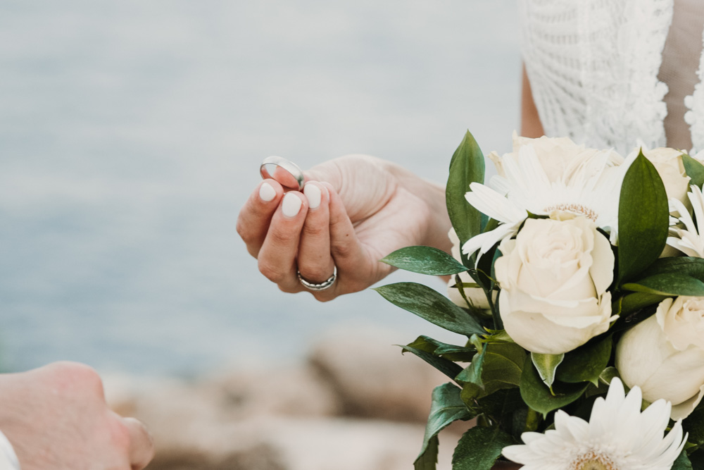 the ring of the groom, the bride will slide it in a seconde