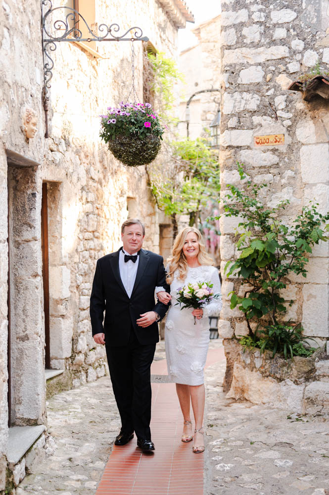 the couple in the little cobbled street of the very old village of Eze