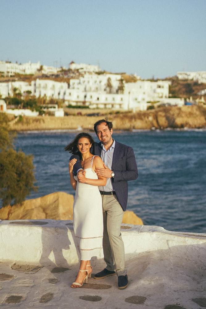 posing in front of the bay of Mykonos