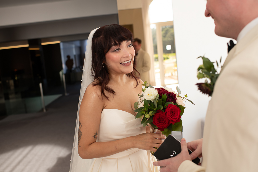 the bride smiles to her futur husband