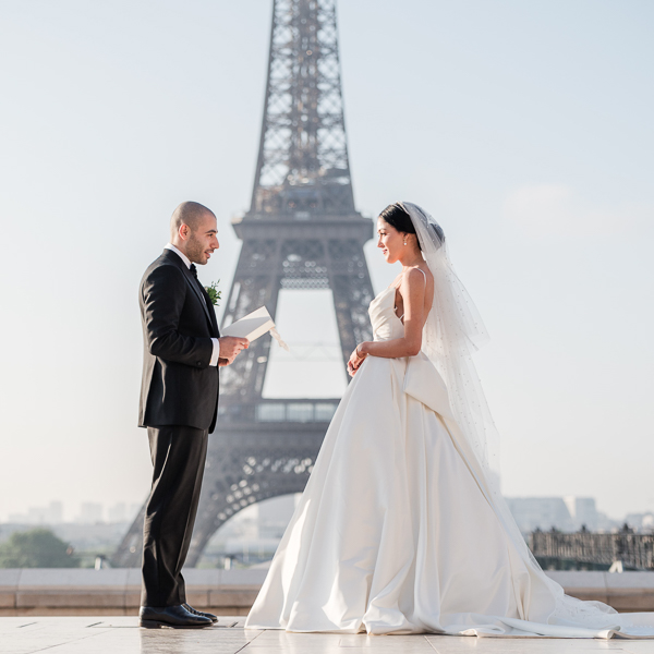 The couple during the elopement ceremony at Eiffel tower