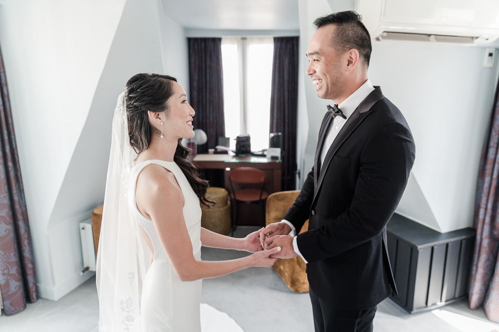 after their first look in their room, facing each other.