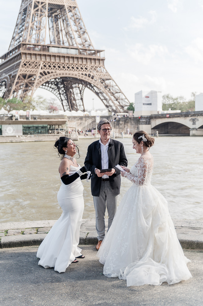 The celebrant tells their stories with the Eiffel tower in the back ground